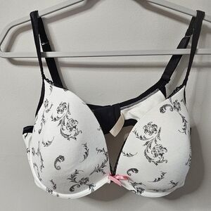 Cacique Black and White Floral Bra with Pink Accent
